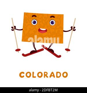 Cute Cartoon Colorado Staat Charakter Cliparts. Illustrierte Karte des Bundesstaates Colorado von USA mit Staatsname. Lustige Charakter-Design für Kinder Spiel, Stock Vektor