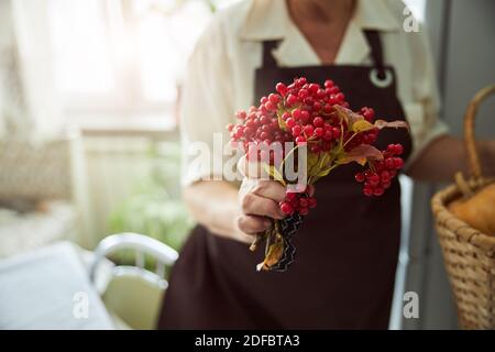 Alte Frau in Schürze mit roten Beeren Stockfoto