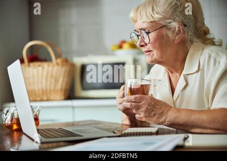 Nette alte Frau, die Tee trinkt und zu Hause ein Notebook benutzt Stockfoto