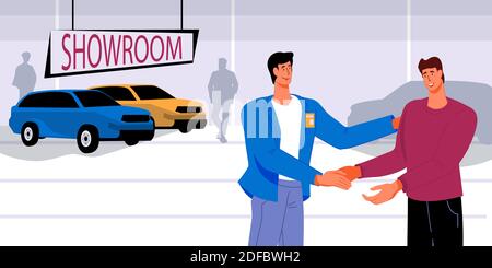 Autoverkäufer und Käufer beim Abschluss eines Geschäfts in einem Autohaus. Autoverkauf Deal mit einem Autohändler schüttelt die Hände mit dem neuen Besitzer in Showroom, flach ve Stock Vektor