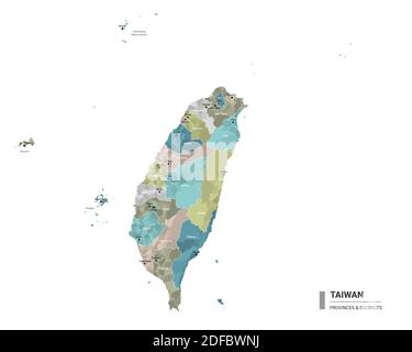 Taiwan Higt Detailkarte mit Unterteilungen. Verwaltungskarte von Taiwan mit Bezirken und Städten Namen, farbig nach Staaten und Verwaltungsbezirk Stock Vektor