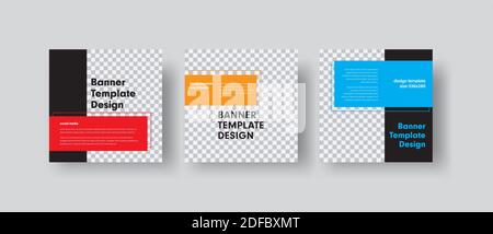 Design von quadratischen Vektor-Webbannern mit Platz für Foto und Farb-Rechtecke für Text. Vorlagen für soziale Netzwerke in schwarz. Setzen Stock Vektor