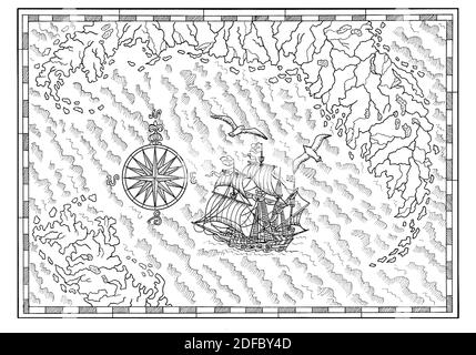 Alte Piratenkarte mit alten Piraten Segelbooten, Schatzinseln. Dekorative antike Hintergrund mit Seekarte, Abenteuer Schätze Jagd Konzept Stockfoto
