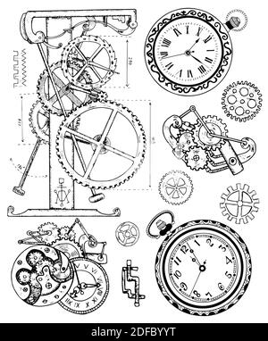 Set mit mechanischen Retro-Rahmen im Steampunk-Stil. Fantasy-Motoren, Mechanismen und Maschinen. Altes Technologiekonzept. Stock Vektor