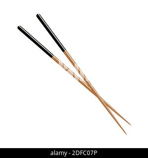 Hölzerne Essstäbchen halten Sushi-Rolle auf weißem Hintergrund. Konzept der Snack, exotische Ernährung, Sushi-Restaurant. Vektorgrafik. Stock Vektor