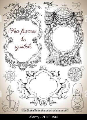 Grafische handgezeichnete Sammlung von nautischen Marine Design-Elemente mit alten Piratenschiff, alte Segelboote, dekorative Rahmen Stock Vektor