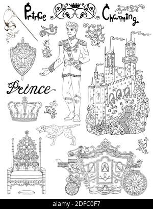 Doodle Set mit königlichen Prinzen und Prinzessin Konzept und Zubehör Stock Vektor