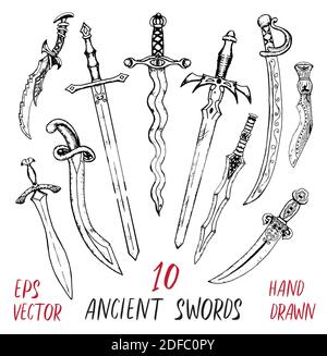 Vintage-Kollektion mit alten Schwertern isoliert auf weiß. Handgezeichnete Doodle gravierte Illustration mit grafischen Zeichnungen Stock Vektor