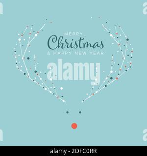 Minimalistische Weihnachts-Flyer-Karte mit weißen Schneeflocken auf einem Rentier Rudolph mit roter Nase und hellblauem Hintergrund Stock Vektor