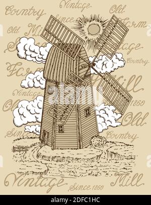 Schwarze Vintage-Gravur, handgezeichnete Design-Illustrationen für Etikett, Poster. Konzept des ländlichen Bauernhofes Stock Vektor