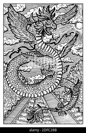 Drache. Schwarz-weiß gravierte Fantasy-Illustration mit mythologischen Kreaturen und Figuren Stock Vektor