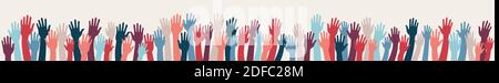 Gruppe hob menschliche Waffen und Hände.Vielfalt multiethnischen Menschen.Rassengleichheit.Männer Frauen Kinder vielfältige Kultur und Länder.multikulturelle Menschen Stock Vektor