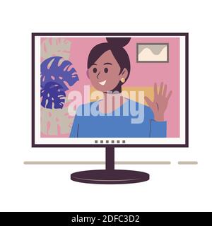 Online-Chat. Mädchen auf dem Bildschirm. Arbeiten Sie zu Hause, als freiberuflicher Mitarbeiter, als Team an Remote-Standorten. Flache Abbildung isoliert auf weißem Hintergrund. Virtuell Stock Vektor