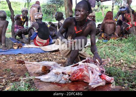 Äthiopien, ein Hamer Mann bricht eine Ziege vor einem Stier springen Zeremonie (Ukuli Ritual) durch den Hamer Hamar Stamm Stockfoto