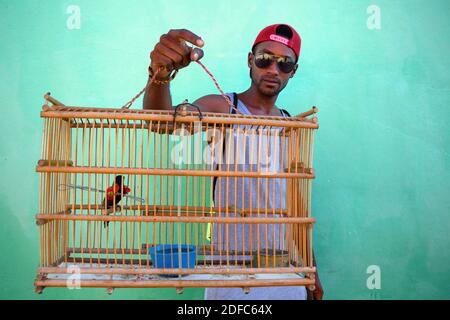 Kuba, Porträt eines Kubaners, der einen Käfig mit Vögeln in Trinidad trägt Stockfoto