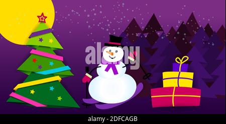 Banner-Frohe Weihnachten. Papierband auf Weihnachtsbaum mit Stern und Weihnachtskugeln. Nachthintergrund. Vektorgrafik. Stock Vektor