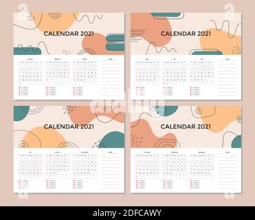 Set von abstrakten kreativen Schreibtisch Kalender Design von 2021 Jahr. Vektorvorlagen-Sammlung. Die Woche beginnt am Sonntag. Stock Vektor