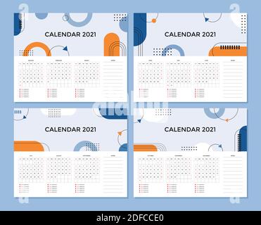 Set von abstrakten kreativen Schreibtisch Kalender Design von 2021 Jahr. Vektorvorlagen-Sammlung. Die Woche beginnt am Sonntag. Stock Vektor