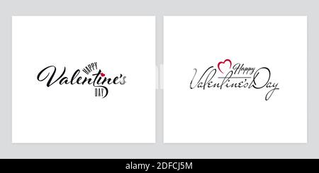Typografisches Logo-Set zum Valentinstag auf weißem Hintergrund. Grußkarten-Designs mit verziertem Happy Valentines Day Schriftzug. Stock Vektor