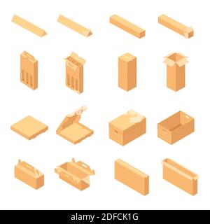 Verpackung der Kartonlieferung offene und geschlossene Box. Karton-Mockup-Set. Vektor. Isometrische Ansicht Stock Vektor