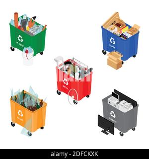 Mülltonnen voller sortierter Müll-Vektorsymbole. Recycling Mülltrennung Sammlung. Isometrische Ansicht. Vektor Stock Vektor