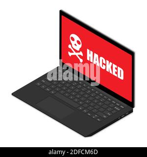 Laptop mit Totenkopf auf dem Bildschirm. Konzept von Viren, Piraterie, Hacking und Sicherheit. Isometrische Ansicht. Vektor Stock Vektor