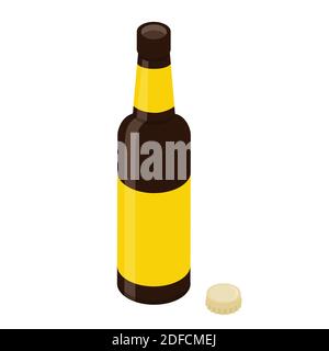 Geöffnete Glasbierflasche und Kappe isoliert auf weißem Hintergrund. Vektor. Isometrische Ansicht Stock Vektor