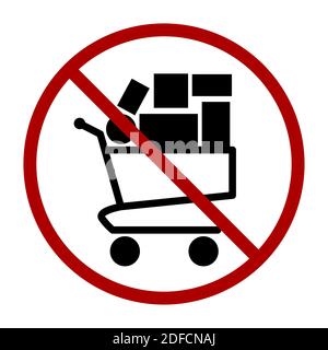 Kein Panic-Kaufzeichen mit einem vollständigen Warenkorb- oder Trolley-Symbol. Vektorbild. Stock Vektor