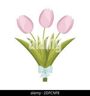 Cartoon rosa Tulpen Bouquet mit blauer Schleife. Vektorgrafik Stock Vektor