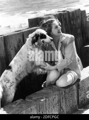 NORMA SHEARER 1939 ehrliches Porträt mit ihrem Hund SPOTTIE auf Strand in der Nähe ihrer Santa Monica Haus Werbung für Metro Goldwyn Mayer Stockfoto