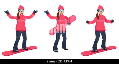 Snowboarder in verschiedenen Posen. Weibliche Figur im Cartoon-Stil. Stock Vektor