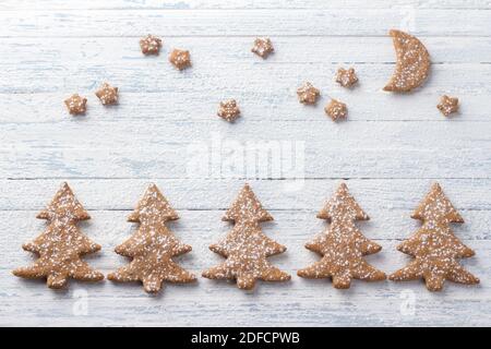 Haferflocken Lebkuchen in Form von Weihnachtsbaum bestreut mit Puderzucker auf einem hellblauen Hintergrund, Draufsicht, freien Raum Stockfoto