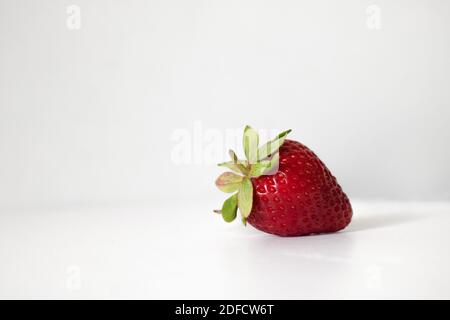 Lebendige Erdbeere liegt auf weißem Hintergrund. Leerzeichen für Text. Gesundheit, Ernährung und gesunde Ernährung Konzept Stockfoto