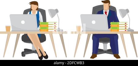 Geschäftsfrau und -Mann im Anzug, die an einem Laptop-Computer auf ihrem Schreibtisch im Büro arbeiten. Konzept der Mitarbeiterarbeit. Vektorgrafik. Stock Vektor