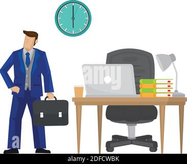 Gut organisierter Geschäftsmann, der seinen Arbeitstag beendet und das Büro pünktlich verlässt. Vektorgrafik. Stock Vektor