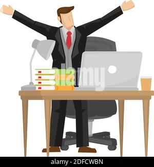 Durchdachter Bürokaufmann, der sich von seinem Schreibtisch aus aufstellt und seine Arme ausstreckt, während er seine Arbeit abarbeitet. Vektorgrafik. Stock Vektor