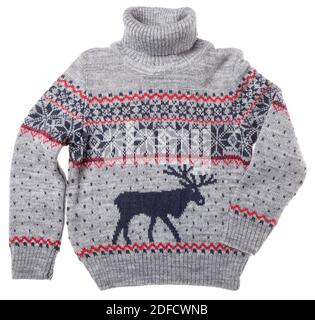 Kinder aus Gewirken Weihnachten Rollkragen-pullover aus traditionellem Design mit Elchen oder Elch Ornament auf weißem Hintergrund Stockfoto