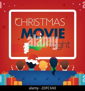 Weihnachtsfilm Nacht quadratische Abdeckung, Kinder TV-Party. Kinder, Geschenke, Sofa, Leinwand auf rotem Hintergrund. Vektor Illustration, Website Flyer, Einladung te Stock Vektor