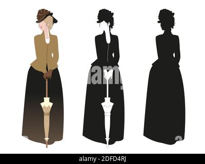 Schöne Frau im Stil des 19. Jahrhunderts gekleidet Trägt einen Hut mit Blumen und einen Sonnenschirm isoliert auf Weißer Hintergrund Stock Vektor