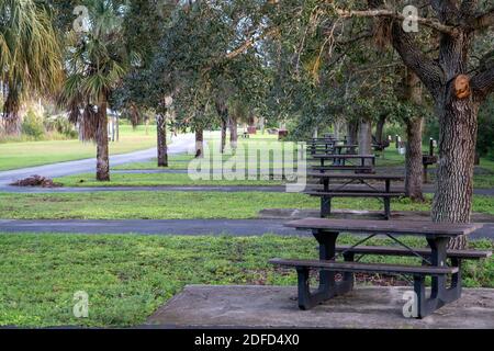 Reihen von leeren Picknicktischen auf einem Campingplatz in Florida Stockfoto