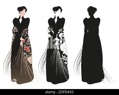 Schöne Frau im Stil des 19. Jahrhunderts gekleidet trägt gefranste Blume Besticktes Tuch isoliert auf weißem Hintergrund Stock Vektor