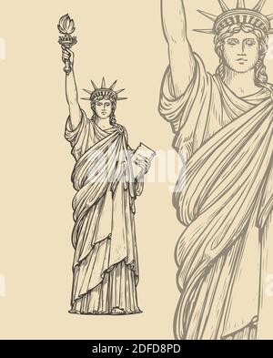 Skizze zur Freiheitsstatue. New York, USA Symbol vintage Vektor Illustration Stock Vektor