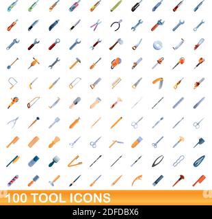 100 Werkzeugsymbole gesetzt. Cartoon Illustration von 100 Tool Icons Vektor-Set isoliert auf weißem Hintergrund Stock Vektor