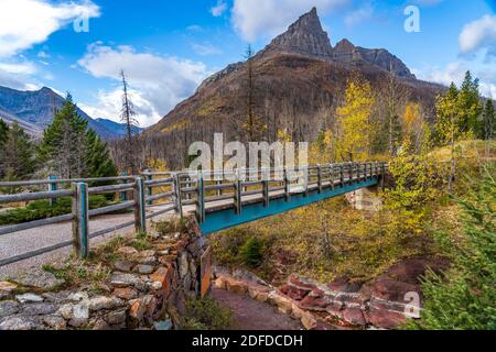 Red Rock Canyon im Herbst Laubsaison Morgen. Mount Blakiston, blauer Himmel mit weißen Wolken im Hintergrund. Waterton Lakes National Park, Alberta Stockfoto