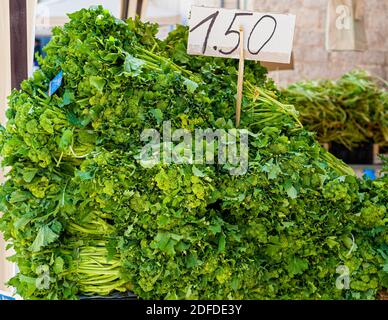 Detaillierte Cime di Rapa (Brassica rapa sylvestris): Traditionelles italienisches Gemüse aus Apulien. Frisches Grün zum Verkauf bei ? 1.50 pro kg in einem Markt Stockfoto