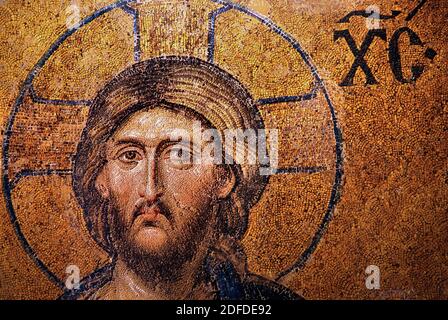 'Detailbild' aus dem Deesis-Mosaik mit Jesus Christus in der Hagia Sophia, Istanbul, Türkei. Stockfoto