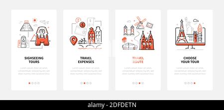 Reisen und Urlaub - Satz von Line-Design-Stil Banner mit Platz für Text kopieren. Besichtigungstouren, Ausgaben, Route, wählen Sie Ihr Ziel. Symbole Stock Vektor