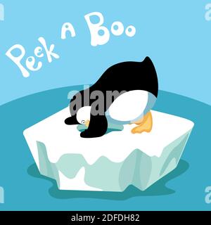 Schau eine Boo-Karte mit Cartoon Penguin auf dem Eisberg Stock Vektor
