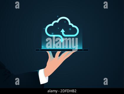 Vektor eines Geschäftsmannes, der einen Tablet-Computer mit Cloud hält Symbol oben Stock Vektor