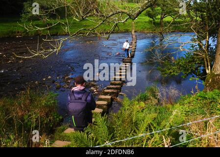 Eine Familie, die 2020 den Fluss Hodder mit den Trittsteinen in Whitewell, Lancashire überquert. Stockfoto